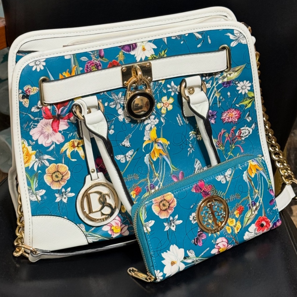 Turquoise and White Dasein women's faux leather satchel handbag With Wallet